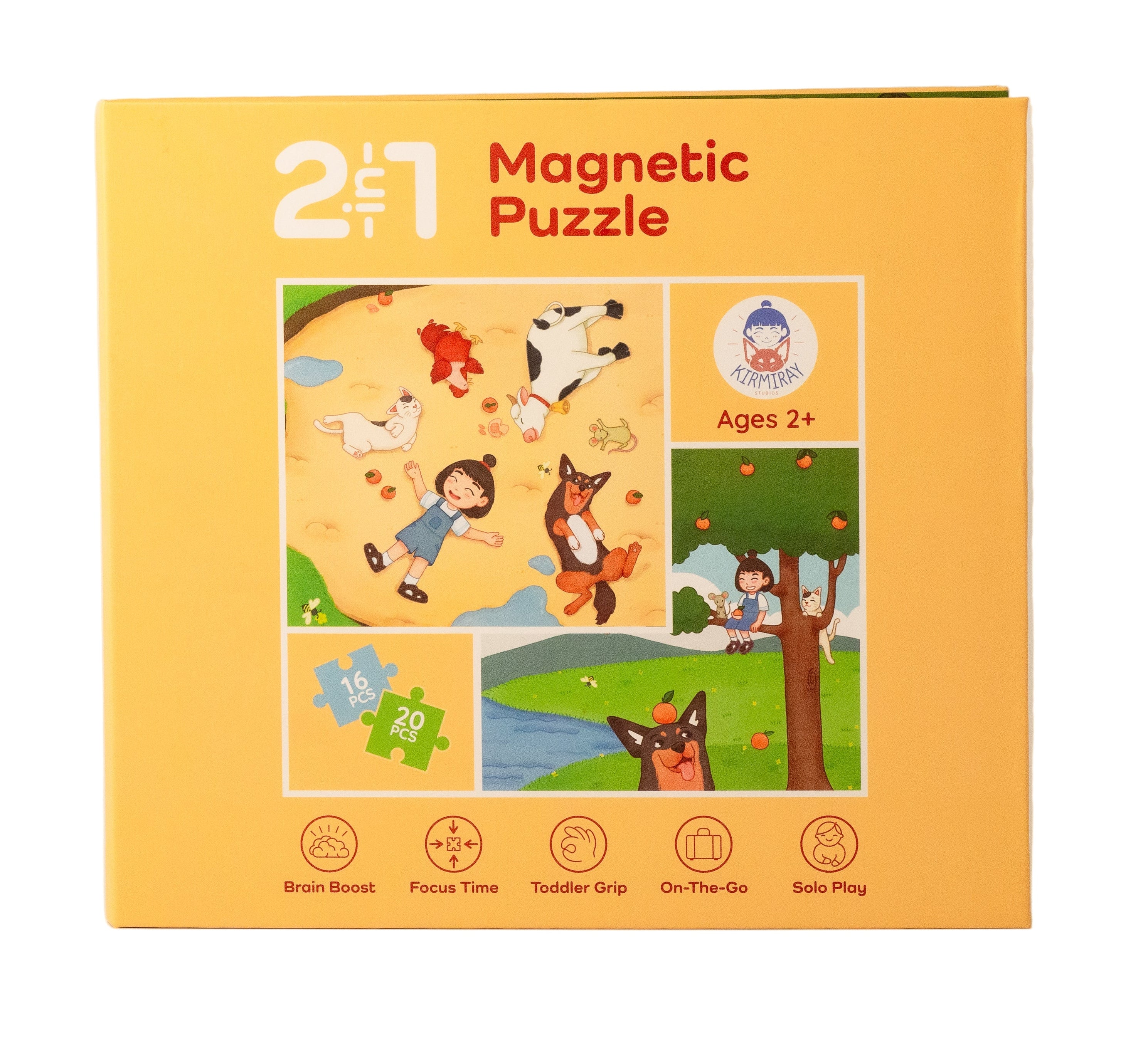 2in1 magnetic puzzle trifold of a child with animal characters having fun