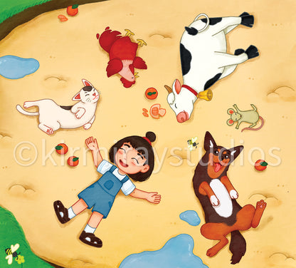 Puzzle fold Side 1: Kirmiray girl with her animal friends lying on a sandy surface, featuring the Kirmiray Studios copyright logo. Page extract from the Kukhuri kaa picture book.