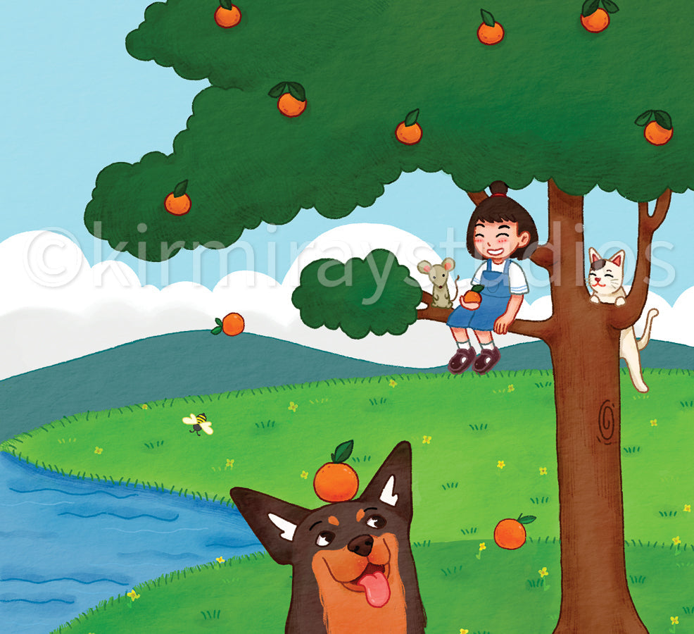 Puzzle fold side 2: Illustration of the Kirmiray girl sitting in an orange tree with her animal friends, on a green landscape with trees, bees and flowers.